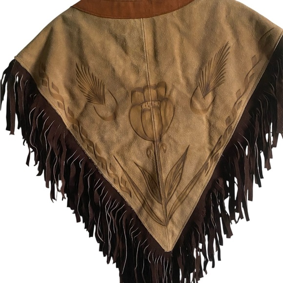 Vintage HECHO EN MEXICO Leather Suede Floral Western Brown Tan Fringed Poncho - Picture 4 of 16